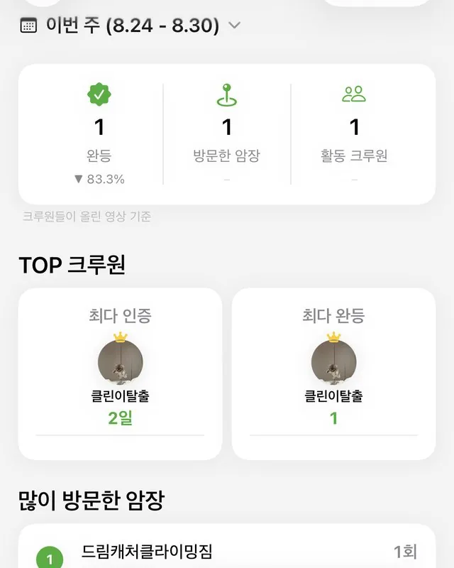 크루 리포트 화면 — 주간 완등 통계, TOP 크루원, 많이 방문한 암장