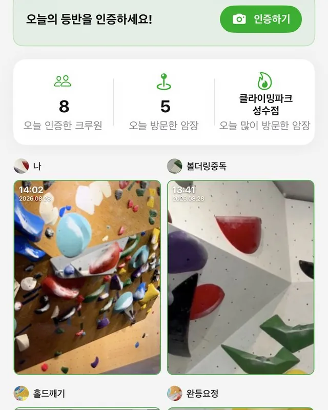 오늘의 등반 화면 — 크루원들이 올린 오늘의 인증 사진